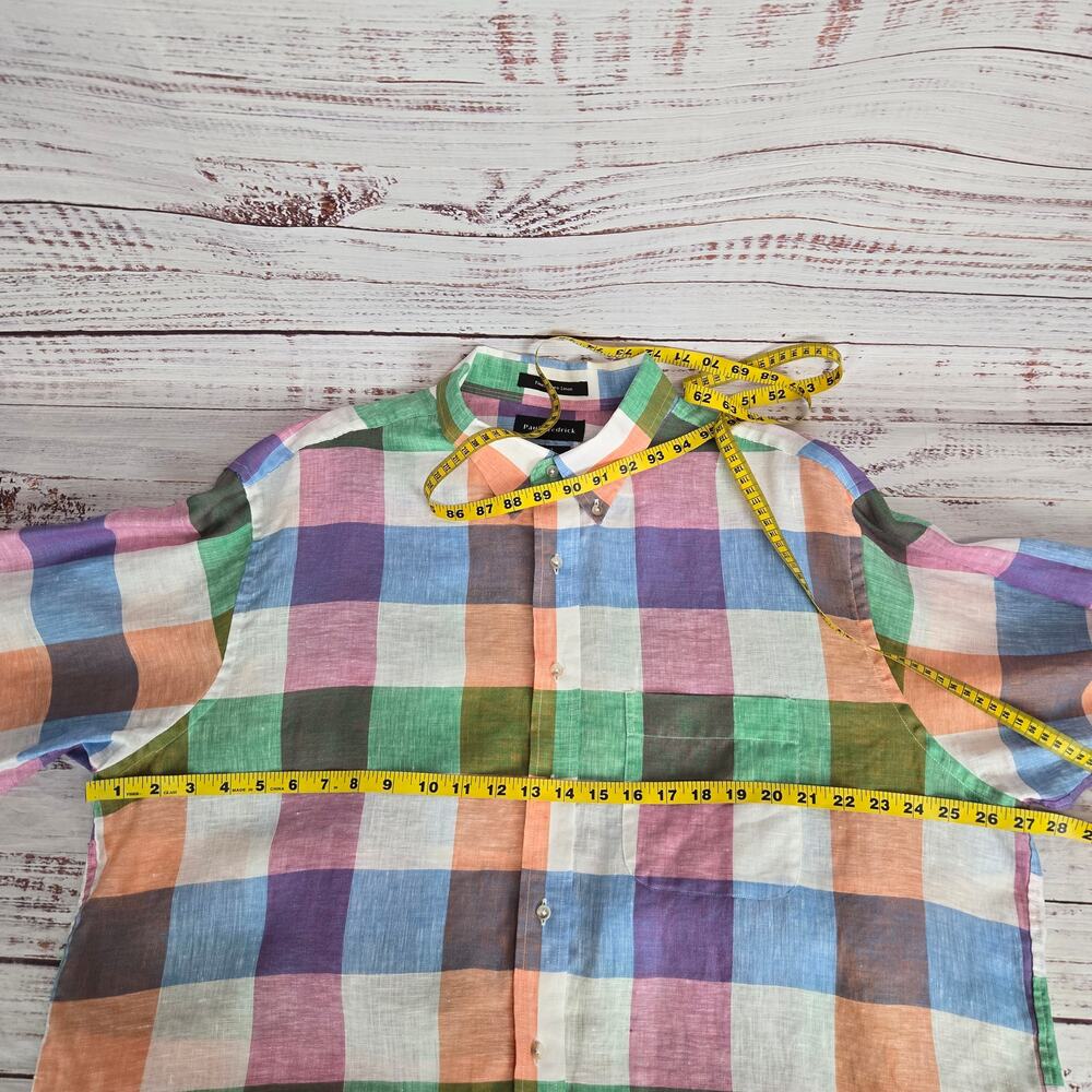 Paul Fredrick Pure Linen Classic Button Shirt 2XLT Vibrant Multi Rainbow Check - Picture 5 of 7